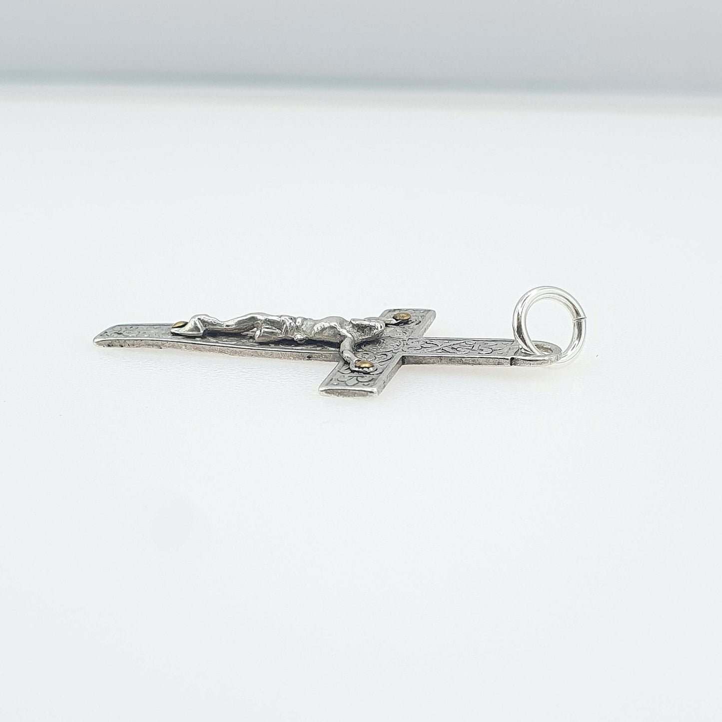 Antique Solid Silver Jesus on The Cross Pendant Crucifix Necklace Fleur De Lys Lis Pattern Vintage Mens Womens Jewelry Jewellery