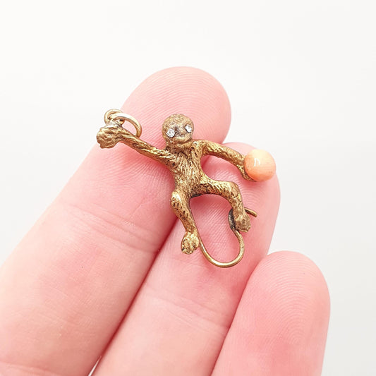 Antique Victorian Monkey Pendant Hanging Chimp Coral and Paste Gold Tone Base Metal Ape Animal Cute Womens Jewelry Vintage Jewellery
