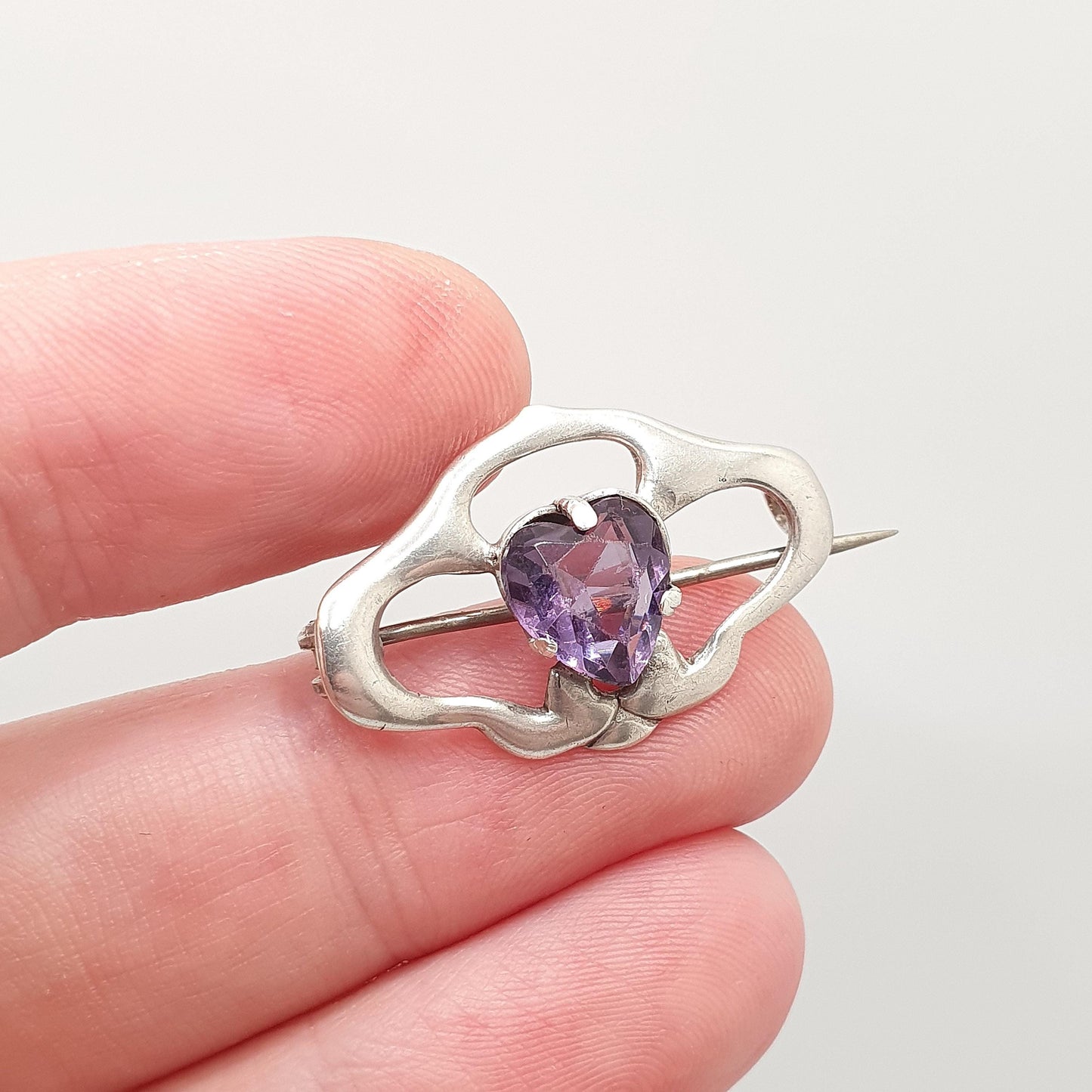 Antique Charles Horner Sterling Silver Heart Amethyst Paste Brooch 1909 Hallmark Art Nouveau Genuine CH Vintage Jewellery Jewelry