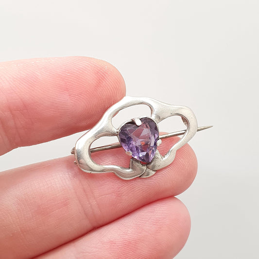 Antique Charles Horner Sterling Silver Heart Amethyst Paste Brooch 1909 Hallmark Art Nouveau Genuine CH Vintage Jewellery Jewelry