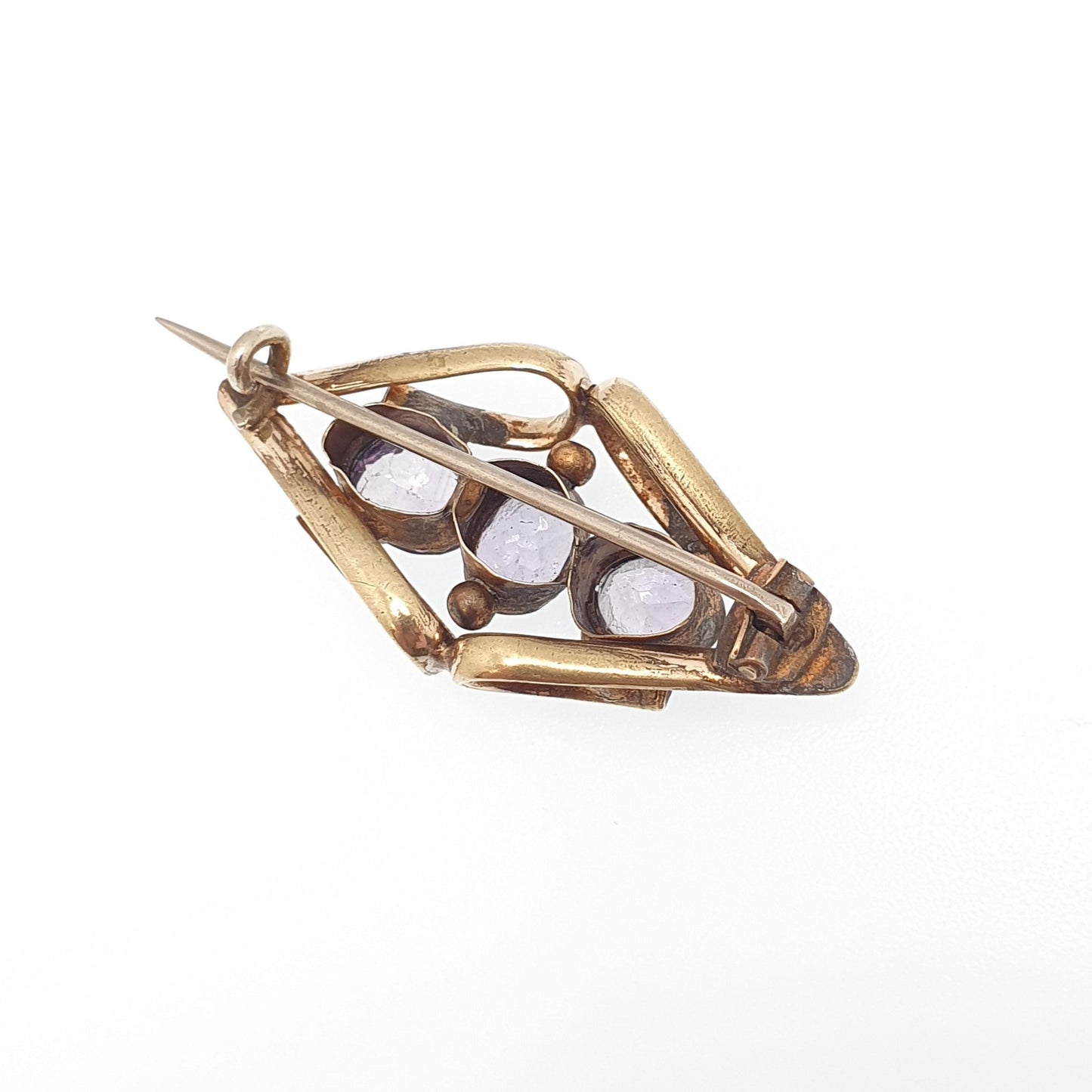 Antique Victorian Rolled Gold Natural Amethyst Brooch Trilogy Kite Shape Gold Filled Purple Gemstone Womens Vintage Jewelry Jewellery