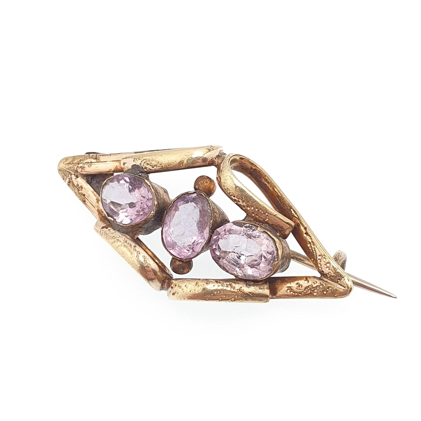 Antique Victorian Rolled Gold Natural Amethyst Brooch Trilogy Kite Shape Gold Filled Purple Gemstone Womens Vintage Jewelry Jewellery