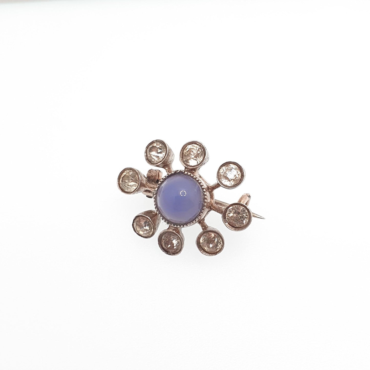 Antique Victorian Solid Silver Diamond Paste Starburst Brooch Sputnik Style Blue Chalcedony Centre Rose Gold Rear Star Celestial Vintage