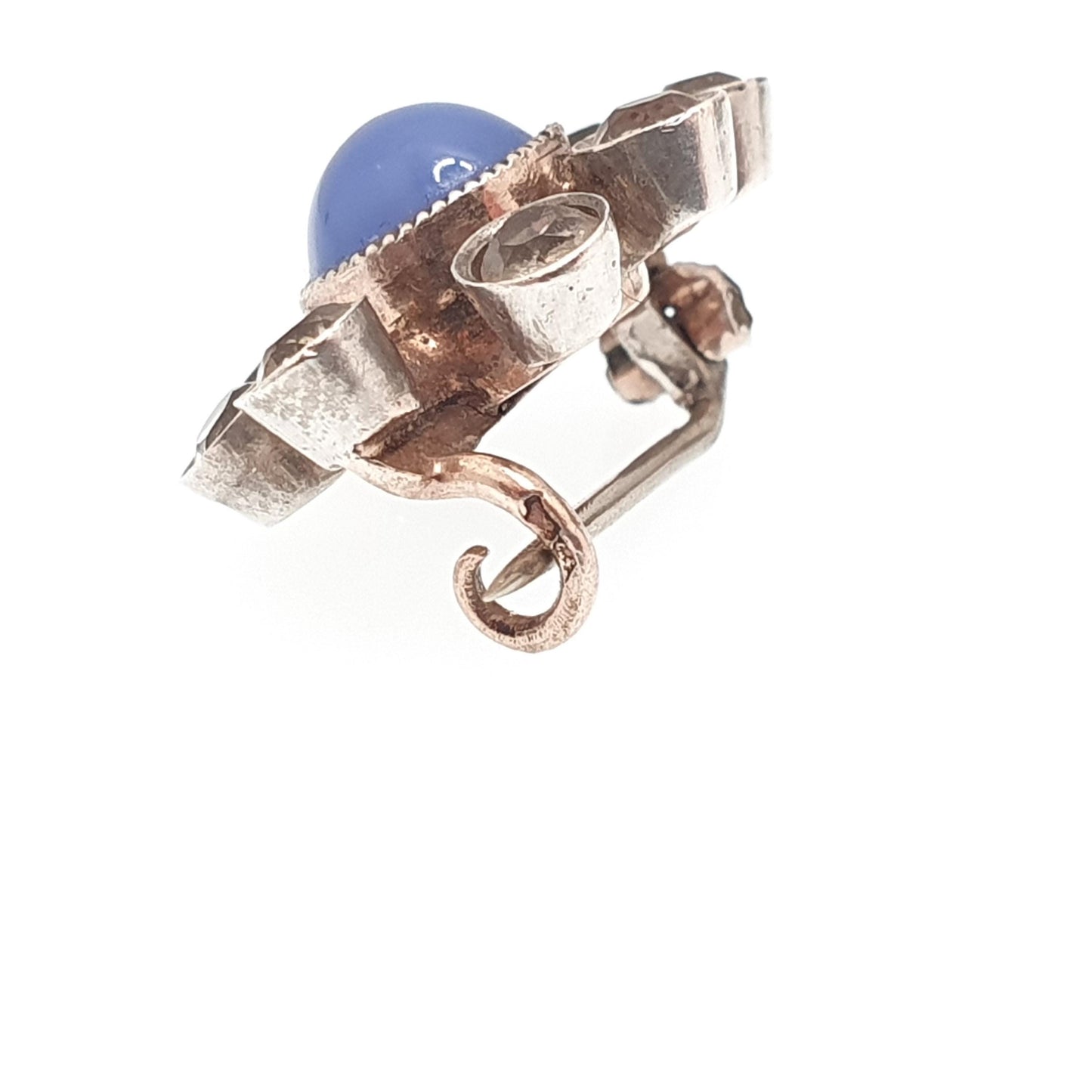 Antique Victorian Solid Silver Diamond Paste Starburst Brooch Sputnik Style Blue Chalcedony Centre Rose Gold Rear Star Celestial Vintage