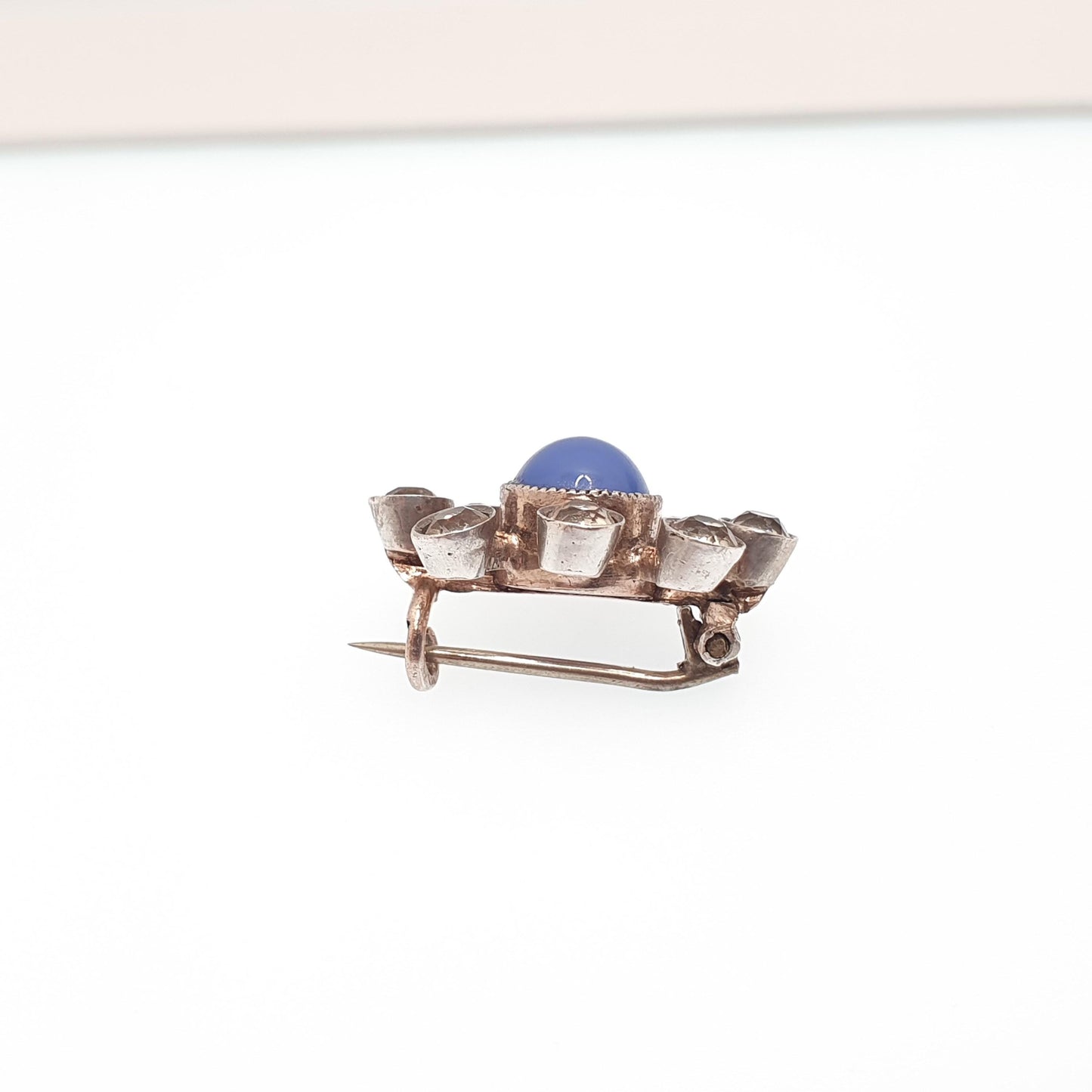 Antique Victorian Solid Silver Diamond Paste Starburst Brooch Sputnik Style Blue Chalcedony Centre Rose Gold Rear Star Celestial Vintage