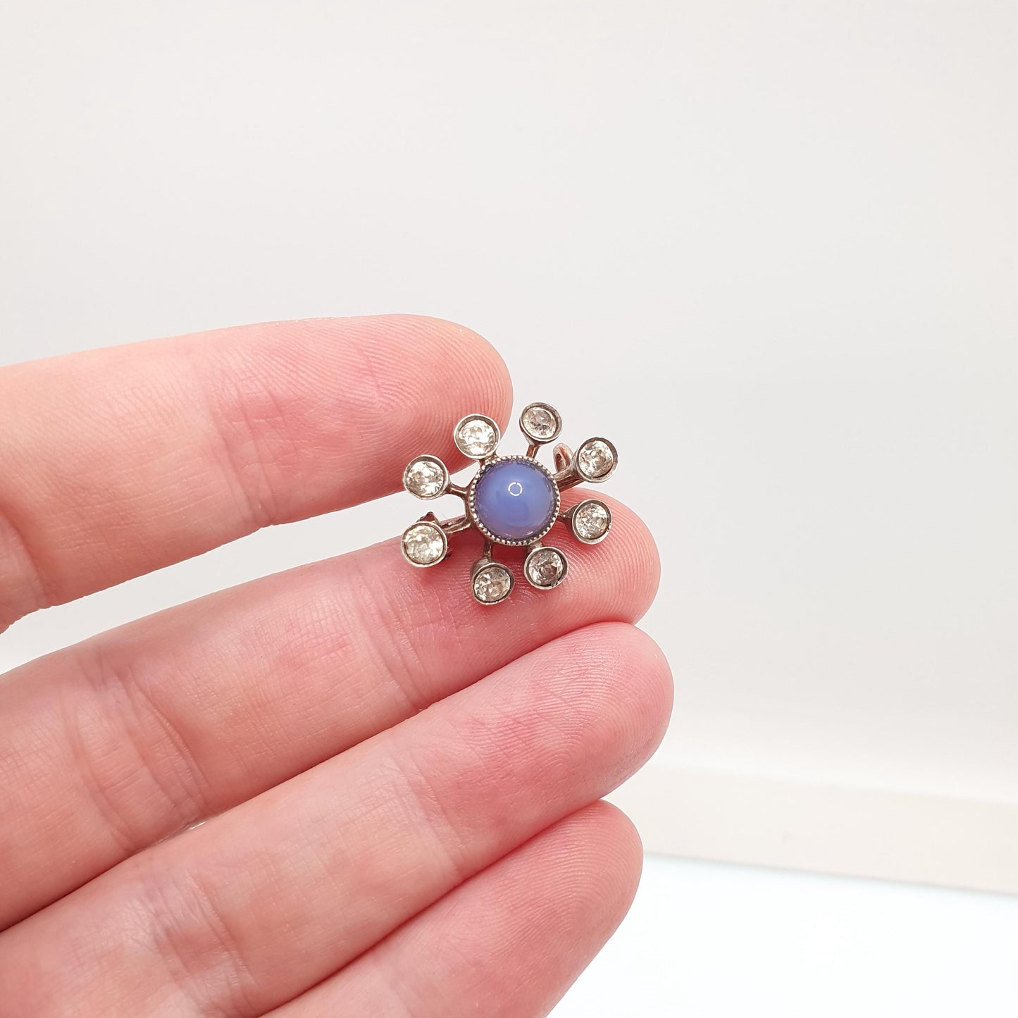 Antique Victorian Solid Silver Diamond Paste Starburst Brooch Sputnik Style Blue Chalcedony Centre Rose Gold Rear Star Celestial Vintage