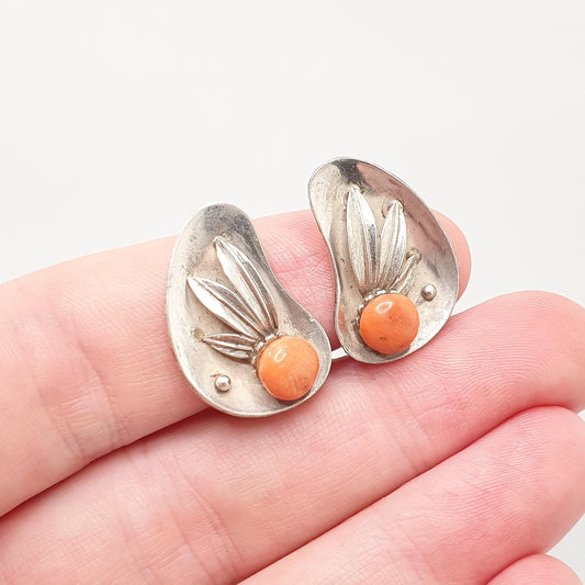 Old Vintage Solid Silver Coral Earrings Handmade German Art Nouveau Style Handarbeit Salmon Orange 1920s Clip On Womens Jewelry Jewellery