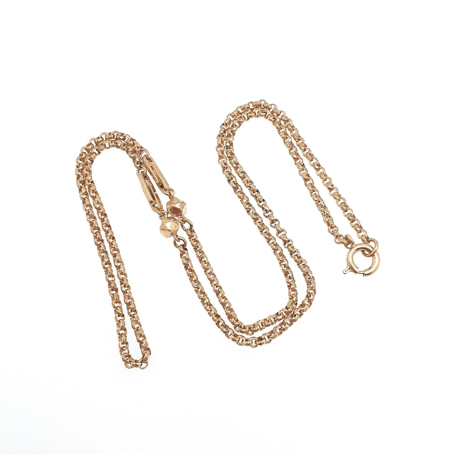 Antique Victorian Rolled Gold Belcher Chain Necklace with Bead and Staple Link Guard 56cm 22" 10.77g Gold Filled Vintage