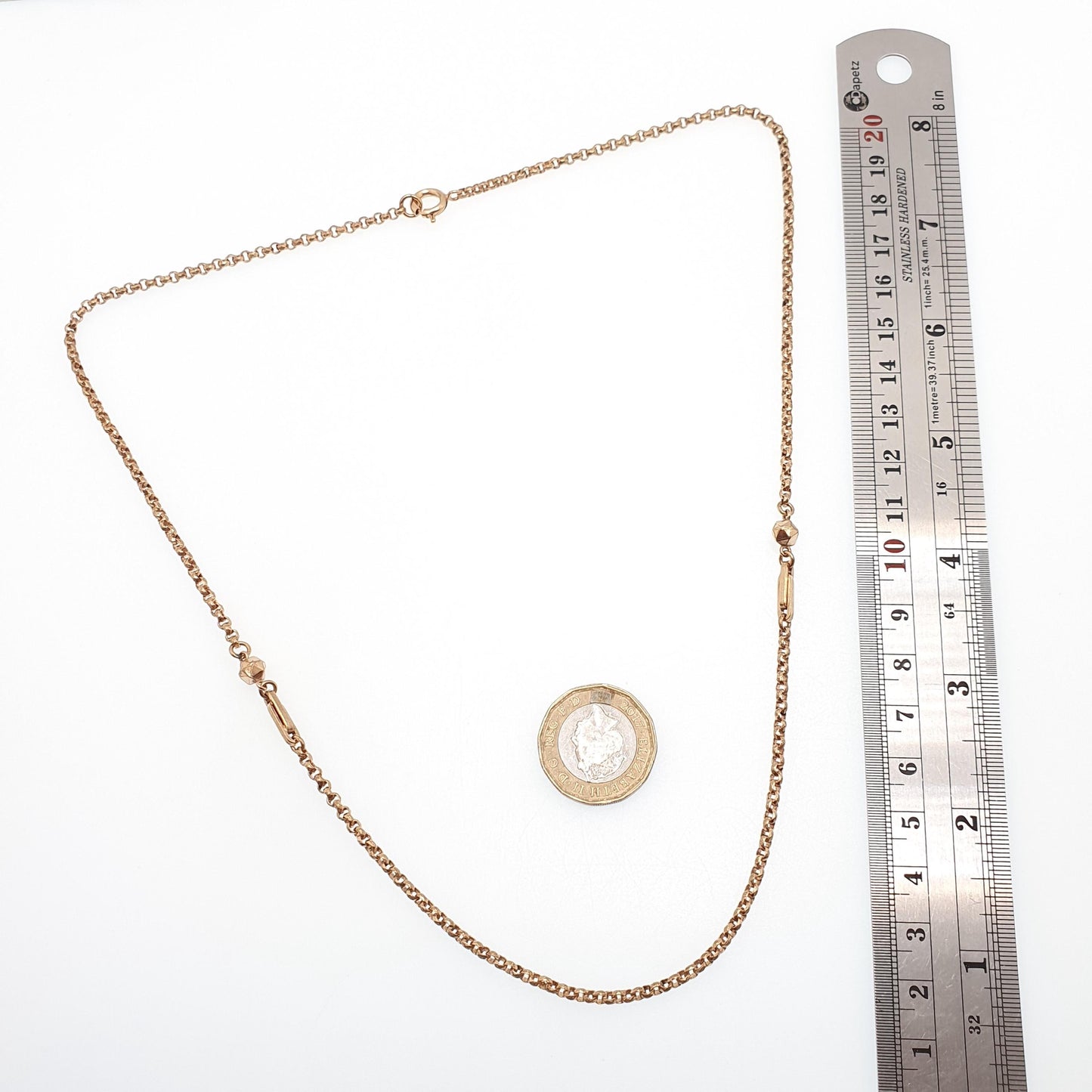 Antique Victorian Rolled Gold Belcher Chain Necklace with Bead and Staple Link Guard 56cm 22" 10.77g Gold Filled Vintage