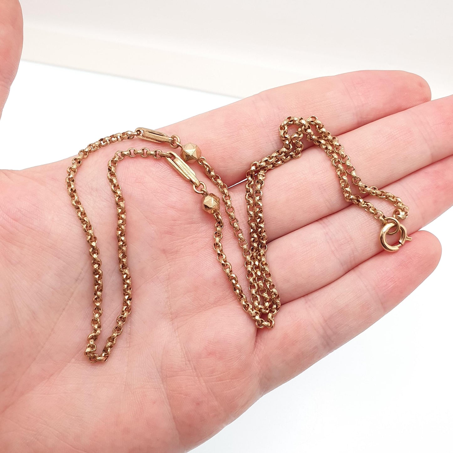 Antique Victorian Rolled Gold Belcher Chain Necklace with Bead and Staple Link Guard 56cm 22" 10.77g Gold Filled Vintage