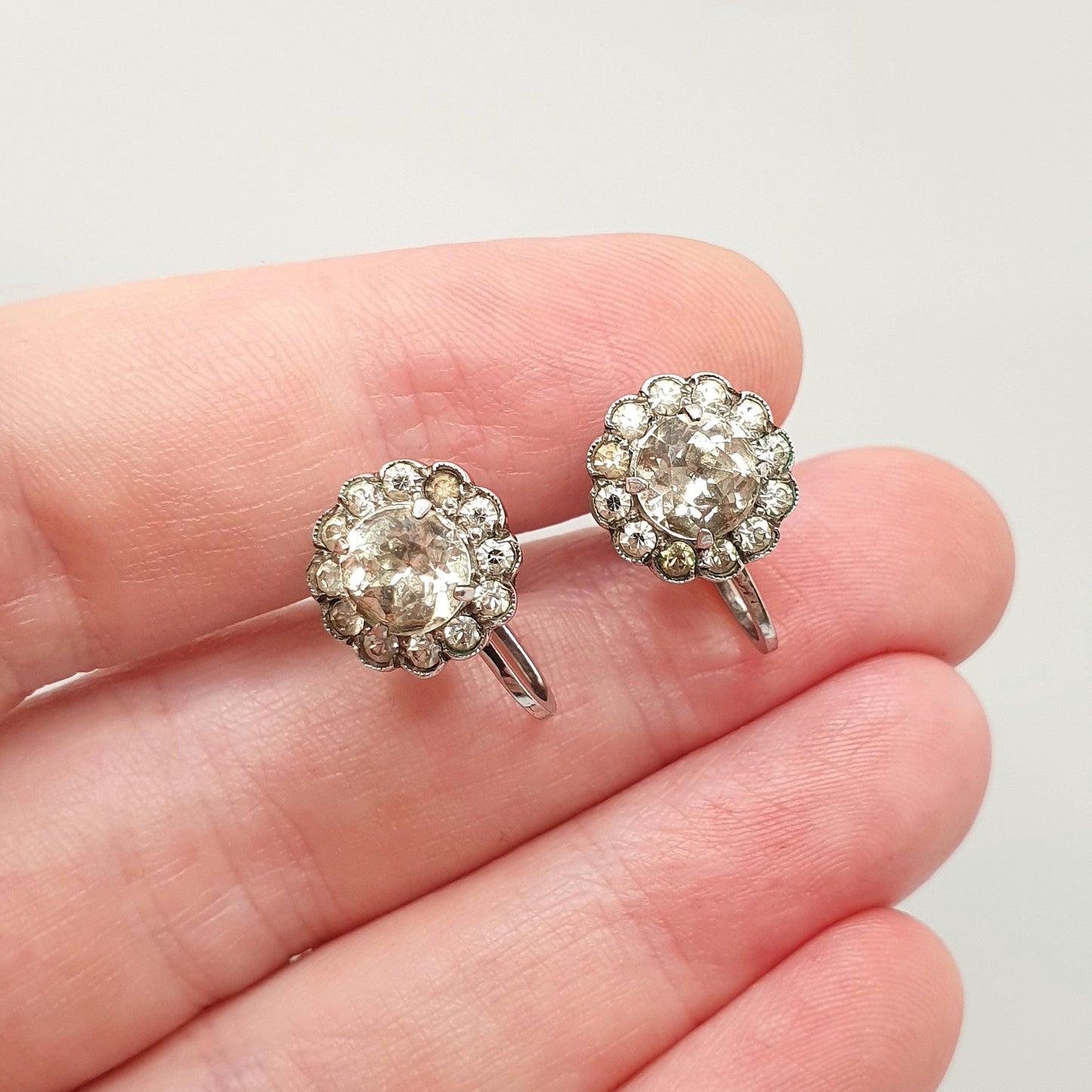 Antique Sterling Silver Diamond Paste Cluster Earrings Art Deco SCP Ciro 1920s Vintage Sparkly Jewelry Jewellery