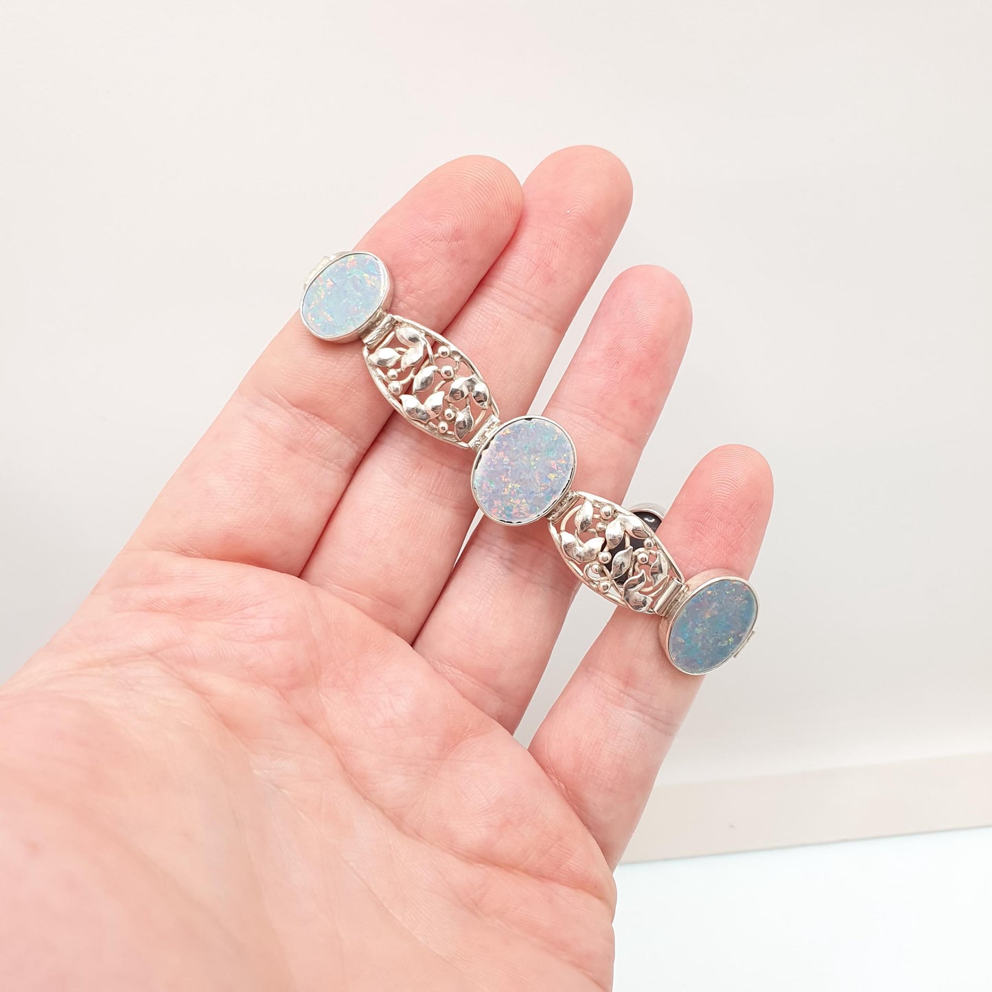 Antique Solid Silver Blue Opal Bracelet Arts and Crafts Art Nouveau Setting Genuine Gemstone Vintage Jewelry Jewellery Womens