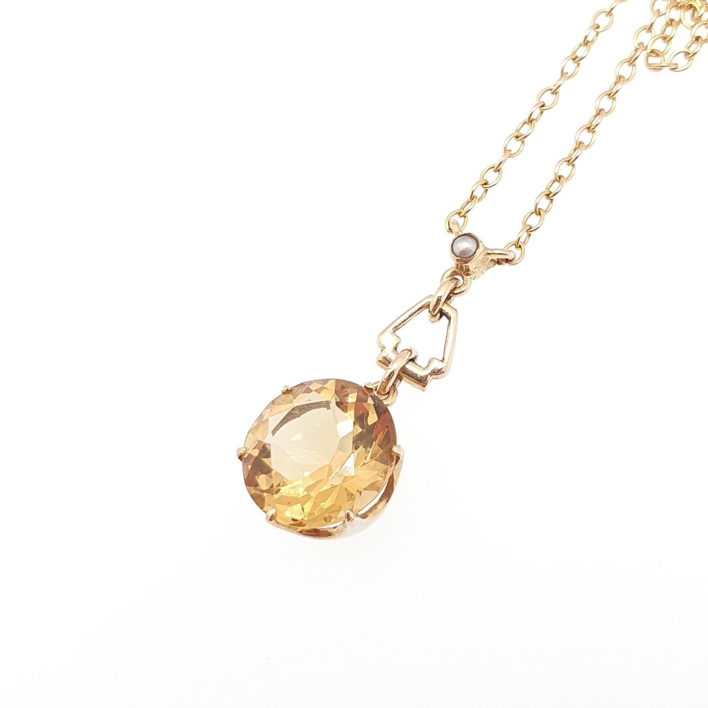 Antique 9ct Gold Citrine Necklace Art Deco Seed Pearl Solid 9k 9kt Round Cut Y Shape 1920s 4.13g 42cm Jewelry Vintage Womens Jewellery