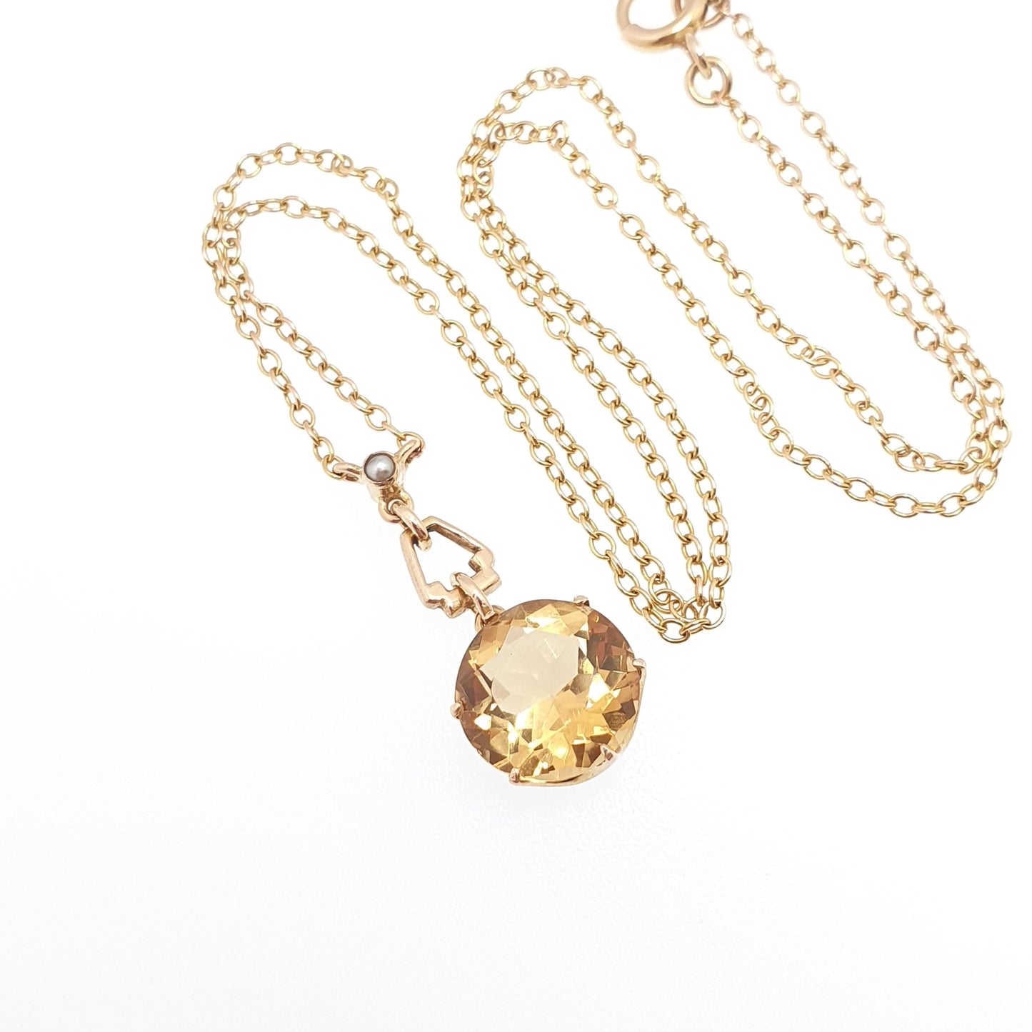 Antique 9ct Gold Citrine Necklace Art Deco Seed Pearl Solid 9k 9kt Round Cut Y Shape 1920s 4.13g 42cm Jewelry Vintage Womens Jewellery