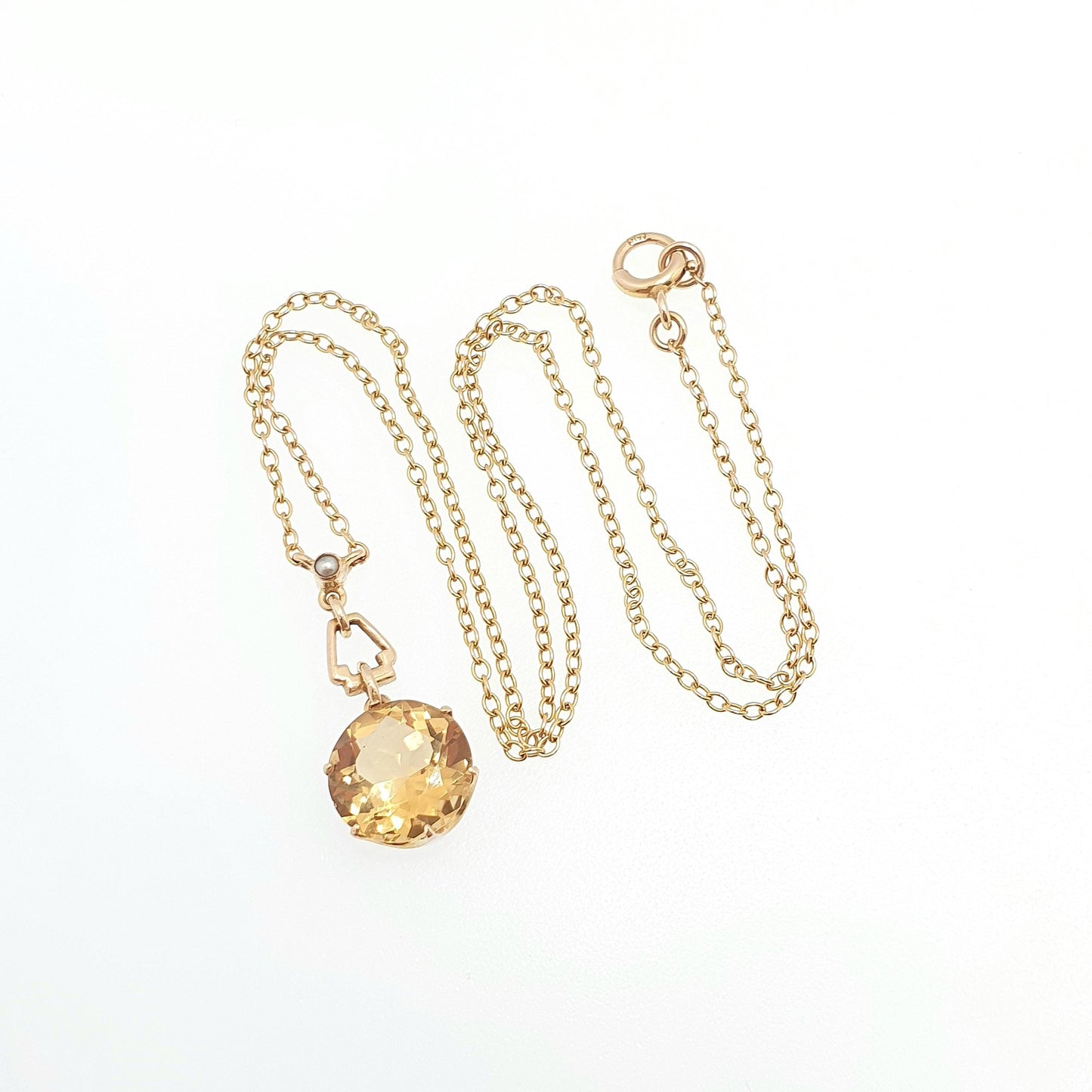 Antique 9ct Gold Citrine Necklace Art Deco Seed Pearl Solid 9k 9kt Round Cut Y Shape 1920s 4.13g 42cm Jewelry Vintage Womens Jewellery