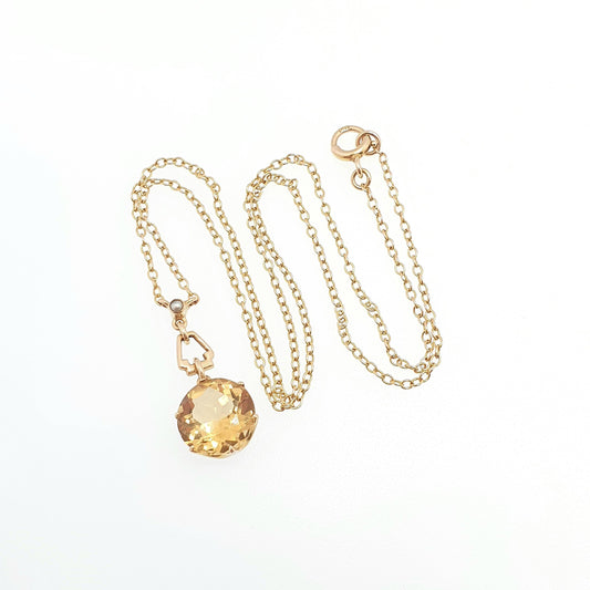 Antique 9ct Gold Citrine Necklace Art Deco Seed Pearl Solid 9k 9kt Round Cut Y Shape 1920s 4.13g 42cm Jewelry Vintage Womens Jewellery