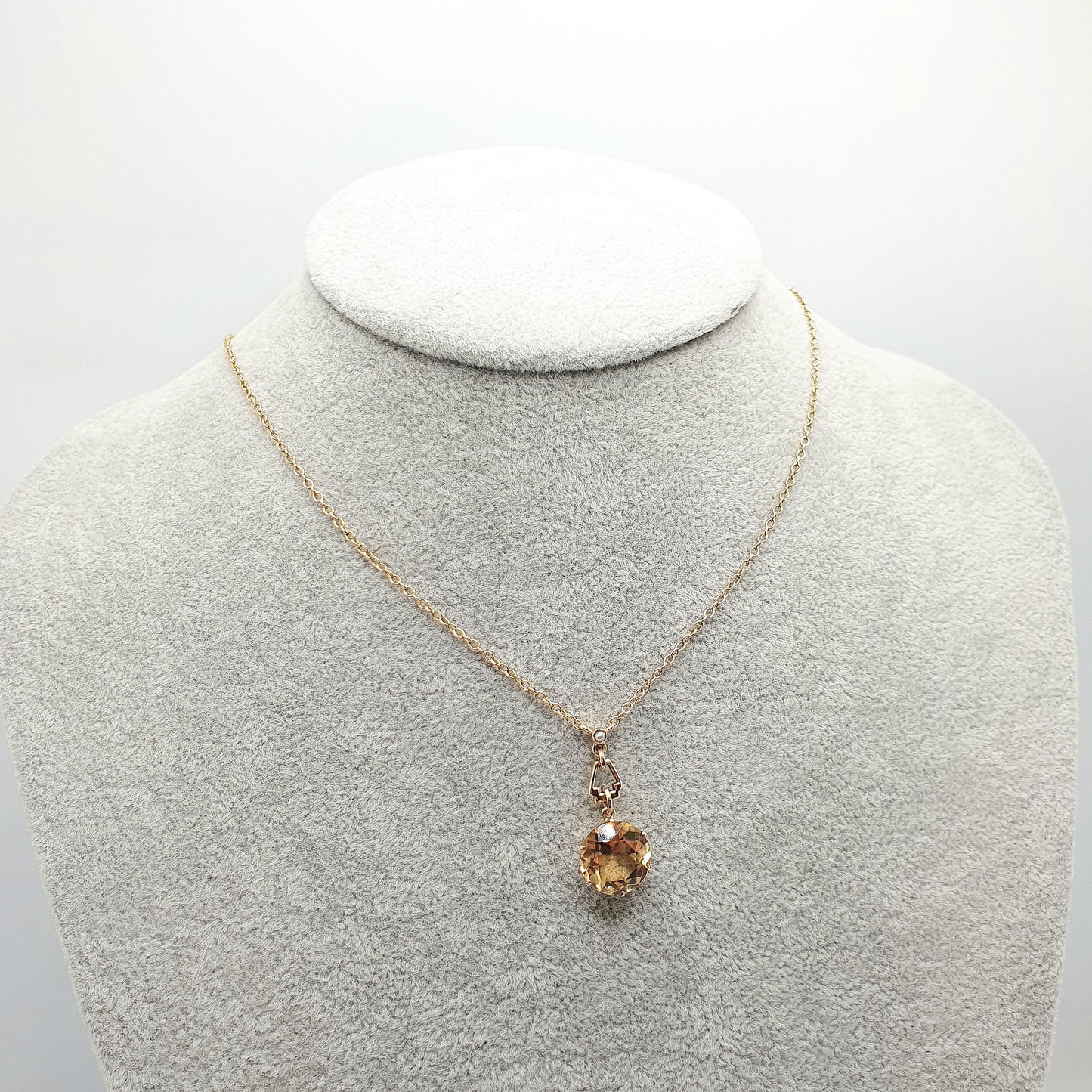Antique 9ct Gold Citrine Necklace Art Deco Seed Pearl Solid 9k 9kt Round Cut Y Shape 1920s 4.13g 42cm Jewelry Vintage Womens Jewellery
