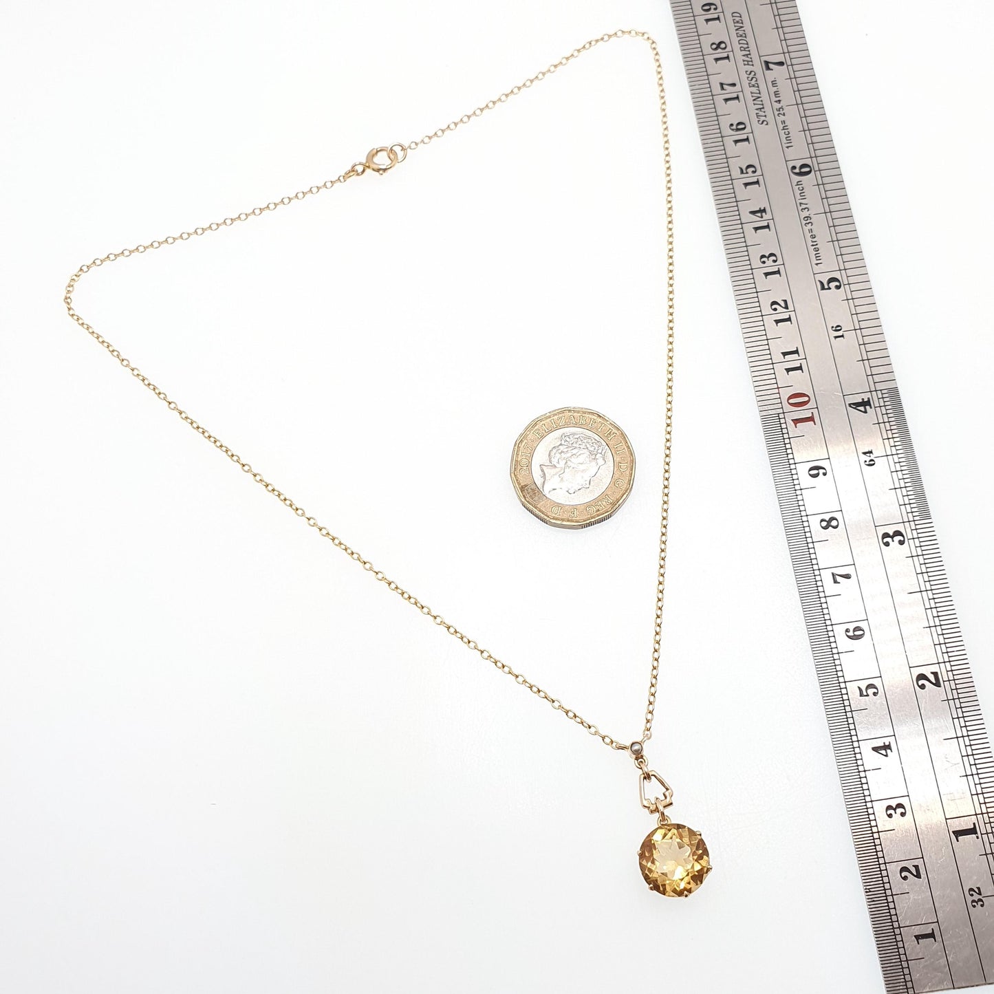 Antique 9ct Gold Citrine Necklace Art Deco Seed Pearl Solid 9k 9kt Round Cut Y Shape 1920s 4.13g 42cm Jewelry Vintage Womens Jewellery