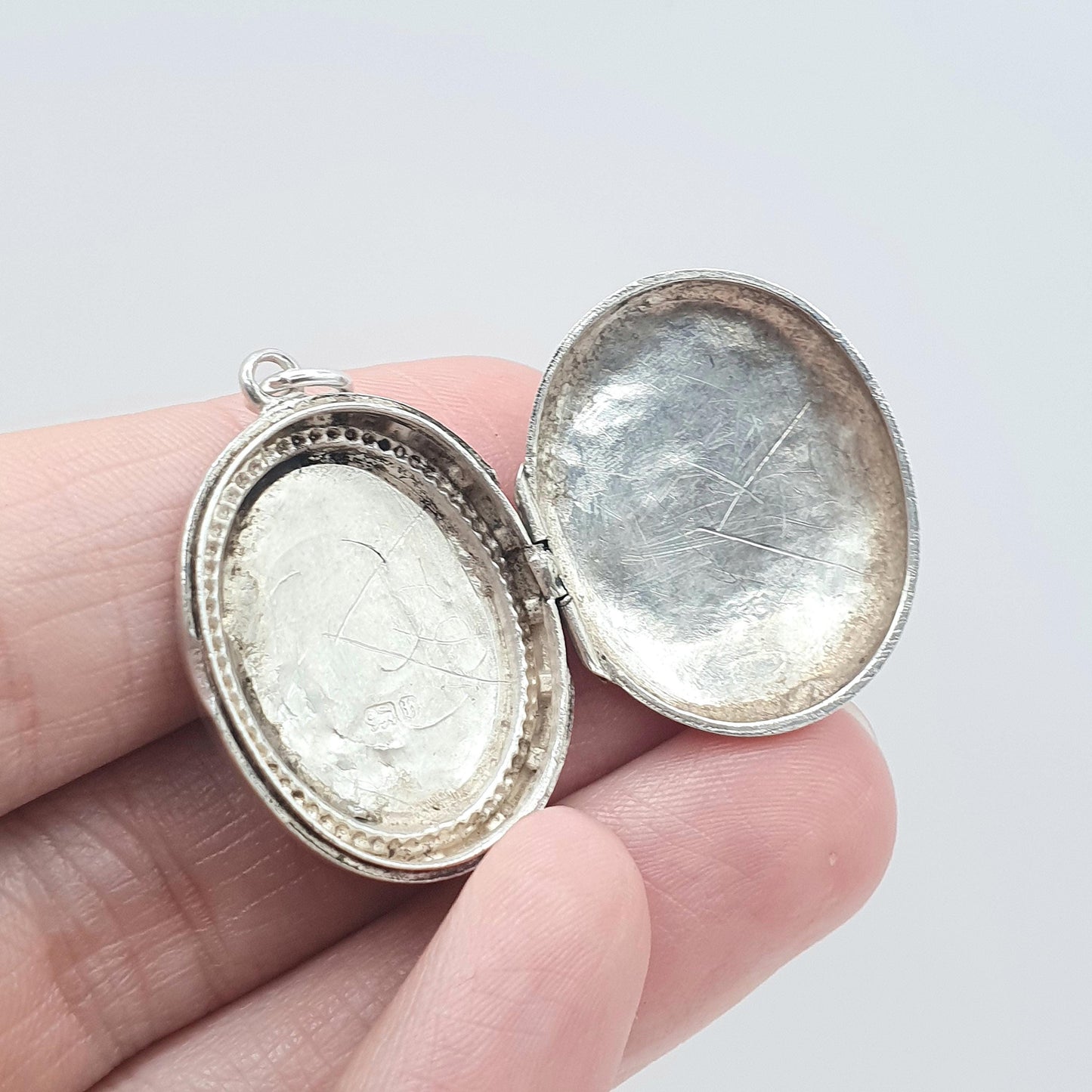 Antique Victorian Sterling Silver Oval Locket 1882 Hallmark Hand Engraved Front Stepped Border Necklace Vintage Womens Jewelry Jewellery