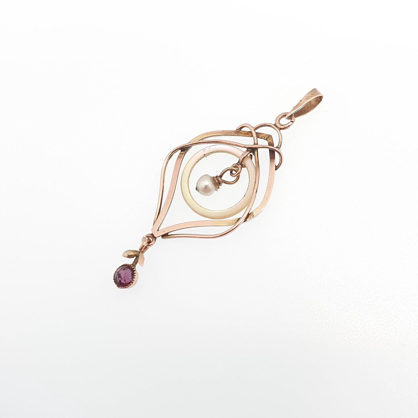 Antique 9ct Gold Amethyst Paste Pendant Mother of Pearl Necklace Art Nouveau Solid 9k 9kt Openwork Vintage Jewellery Jewelry