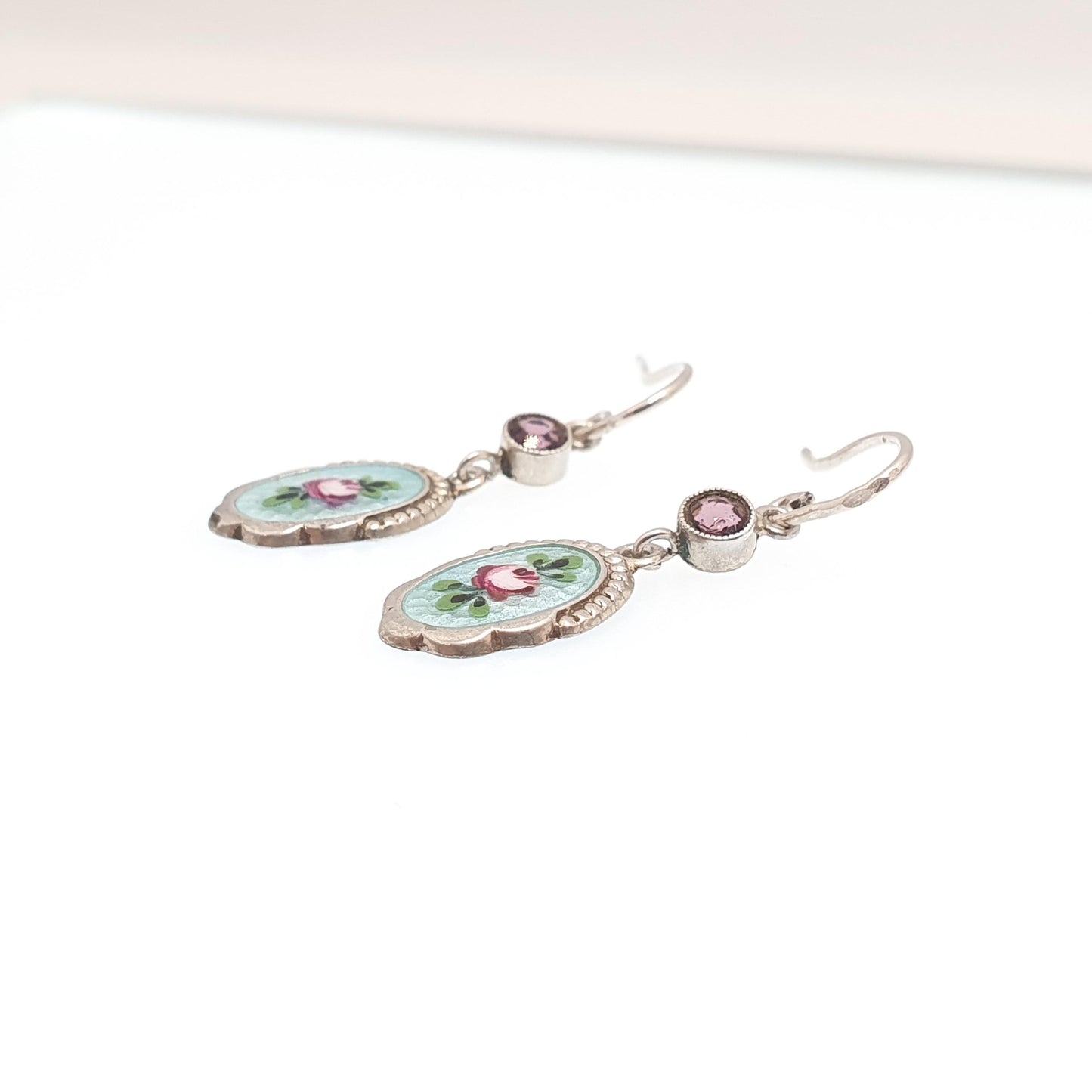 Antique Solid Silver Enamel Hook Earrings Amethyst Paste Art Nouveau Flower Charles Horner Style Jewelry Vintage Jewellery