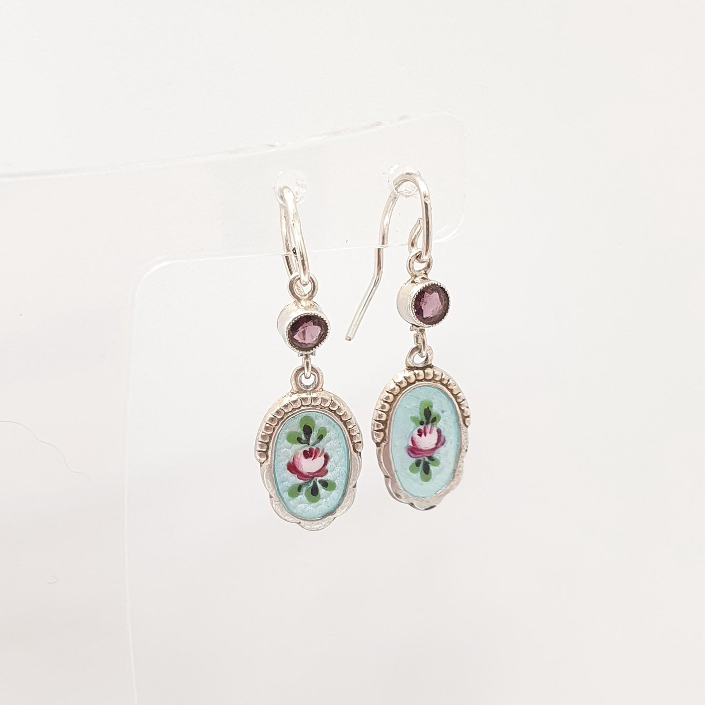 Antique Solid Silver Enamel Hook Earrings Amethyst Paste Art Nouveau Flower Charles Horner Style Jewelry Vintage Jewellery