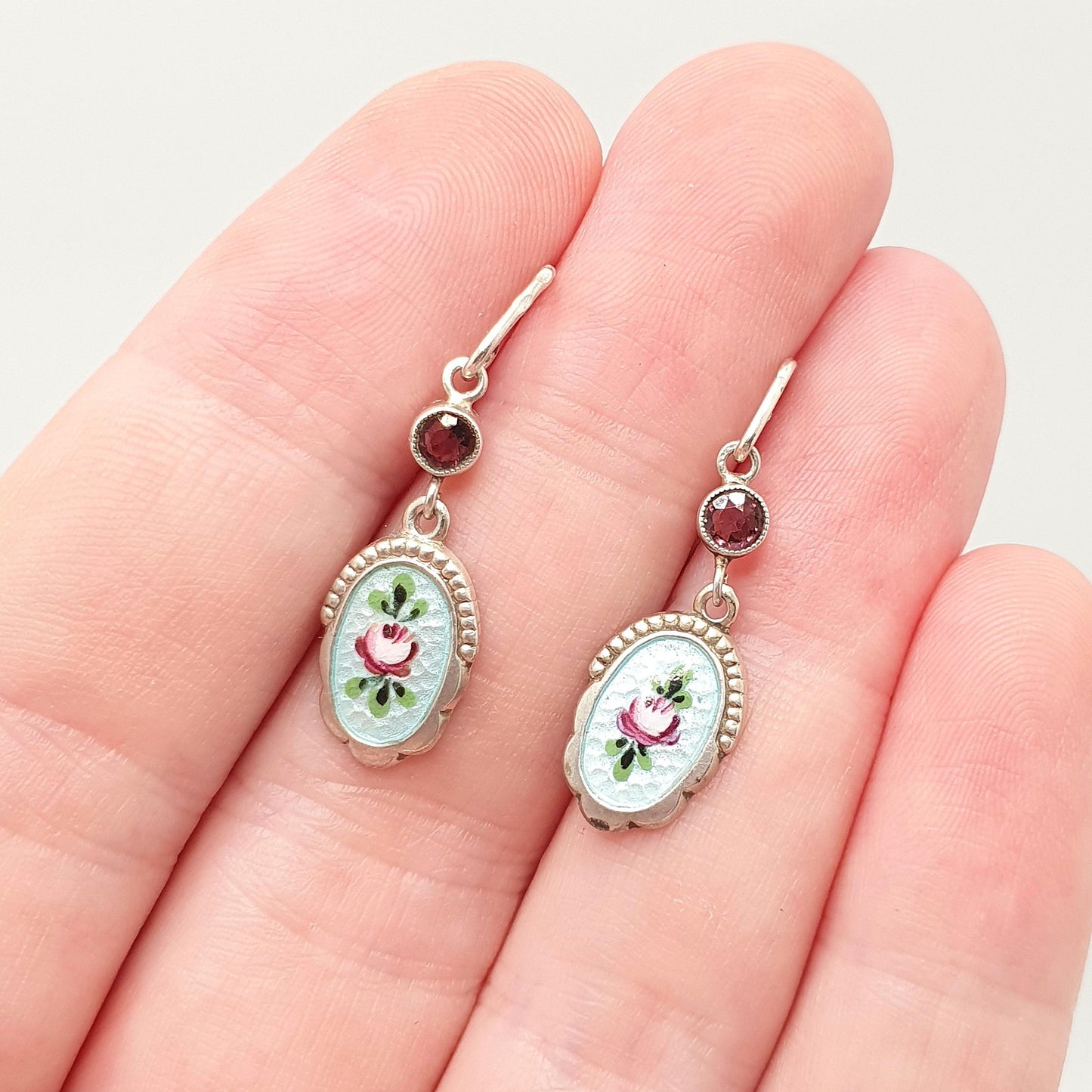 Antique Solid Silver Enamel Hook Earrings Amethyst Paste Art Nouveau Flower Charles Horner Style Jewelry Vintage Jewellery