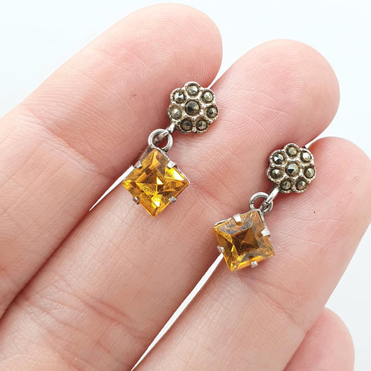 Antique Art Deco Solid Silver Citrine Paste Earrings Marcasite Square Cut Drop Screw Back Vintage Jewellery Jewelry Womens Mens
