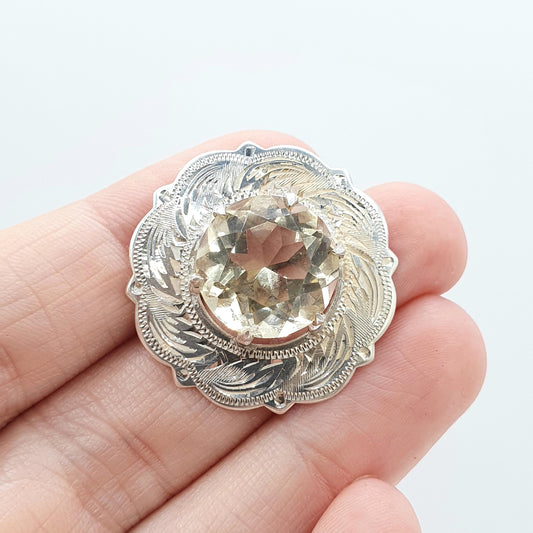 Old Vintage Sterling Silver Scottish Citrine Brooch Round Cut Large Orange Gemstone Targe Shield Womens Jewelry Jewellery