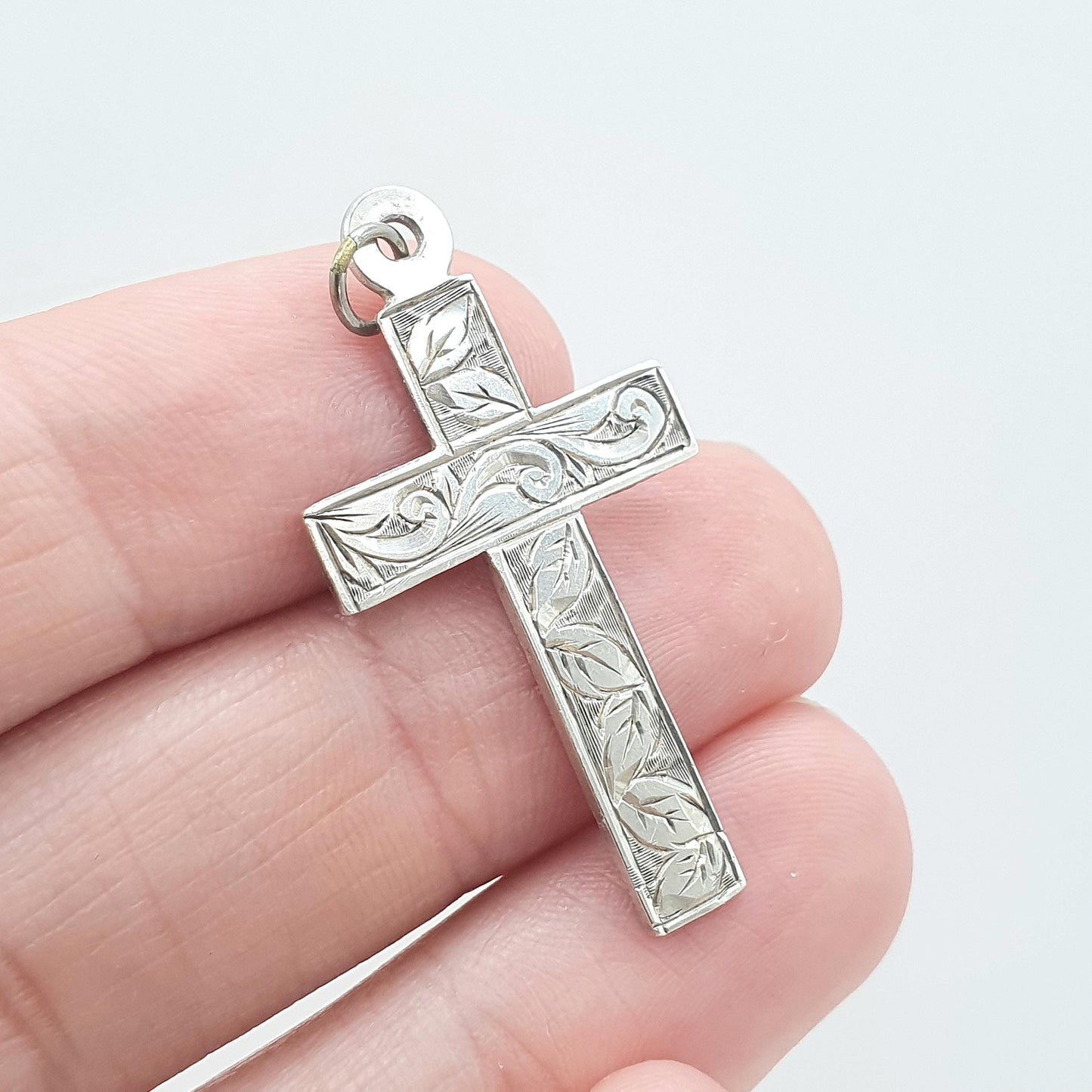 Antique Sterling Silver Crucifix Pendant Cross Necklace 1904 Hallmark Religious Catholic Leaf Engraved Mens Womens Jewelry Jewellery