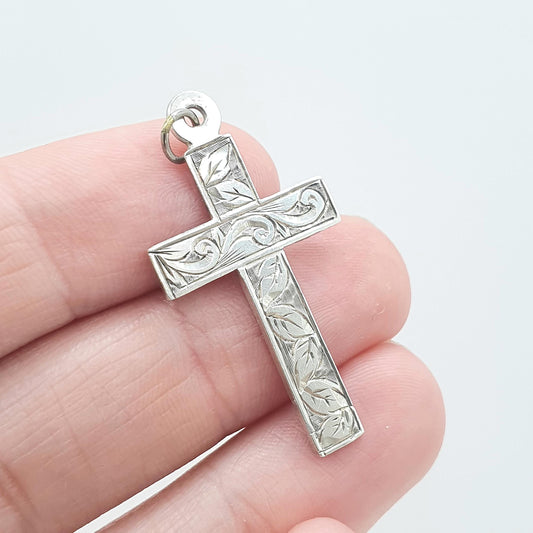 Antique Sterling Silver Crucifix Pendant Cross Necklace 1904 Hallmark Religious Catholic Leaf Engraved Mens Womens Jewelry Jewellery