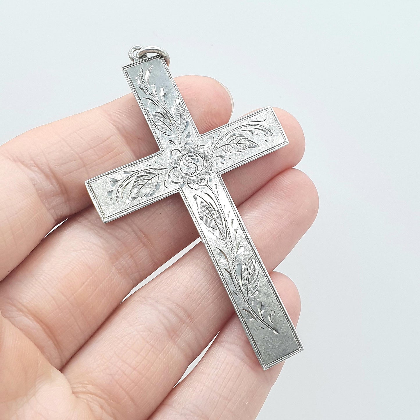 Antique Victorian Solid Silver Large Crucifix Pendant Necklace Big Cross Rose Engraved Catholic Christian Jewelry Vintage Womens
