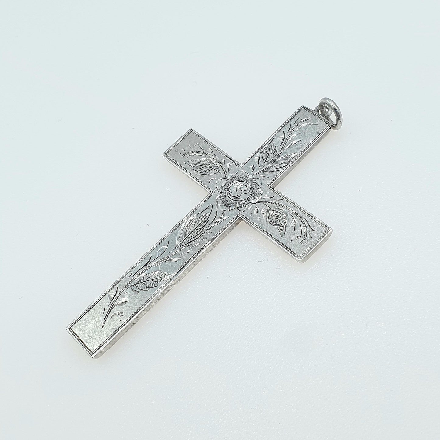 Antique Victorian Solid Silver Large Crucifix Pendant Necklace Big Cross Rose Engraved Catholic Christian Jewelry Vintage Womens