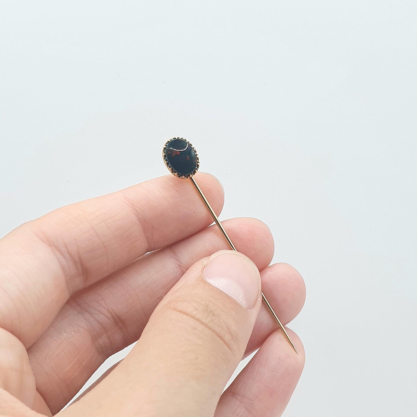 Antique Victorian 9ct Gold Bloodstone Stick Pin Oval Cut Green Red Quartz Gemstone  Solid 9kt 9k Gents Mens Jewelry Vintage Jewellery