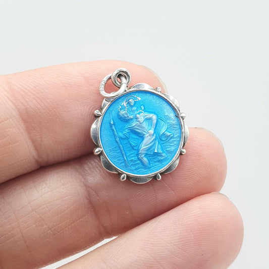 Vintage Solid Silver St Christopher Pendant Sky Blue Enamel Necklace Charm Travel Travelling Saint Womens Mens Jewellery Jewelry