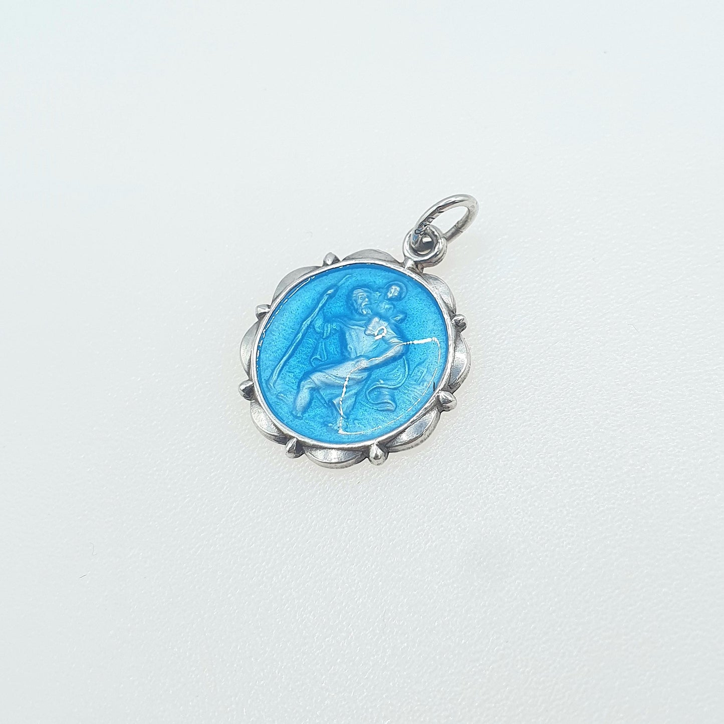 Vintage Solid Silver St Christopher Pendant Sky Blue Enamel Necklace Charm Travel Travelling Saint Womens Mens Jewellery Jewelry