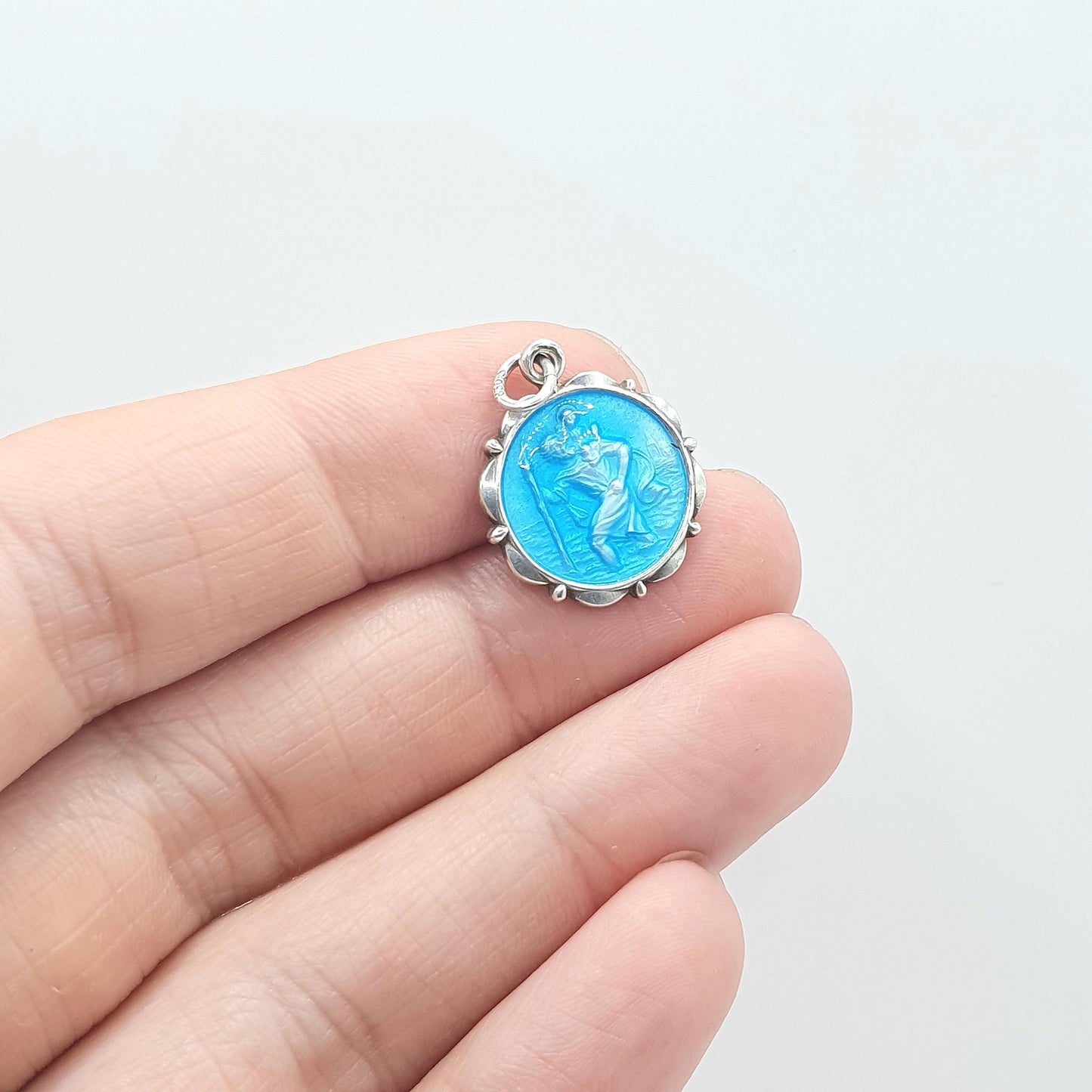Vintage Solid Silver St Christopher Pendant Sky Blue Enamel Necklace Charm Travel Travelling Saint Womens Mens Jewellery Jewelry