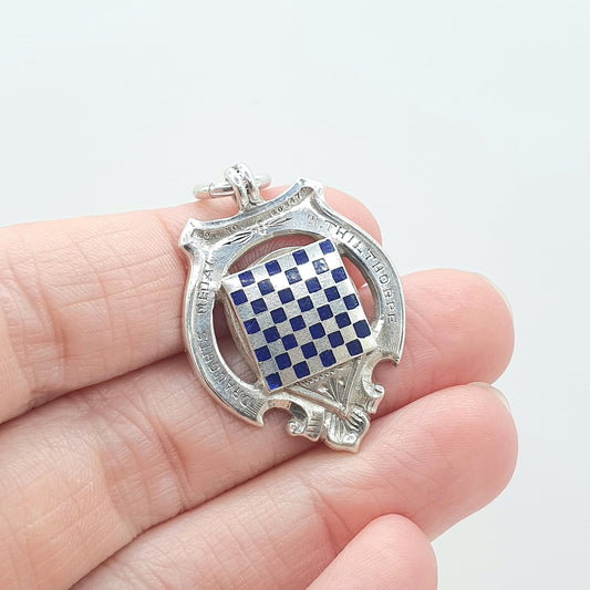 Antique Sterling Silver Draughts Medal Fob Pendant Checkers Blue Enamel Checkerboard 1925 Hallmark Womens Mens Jewelry Jewellery