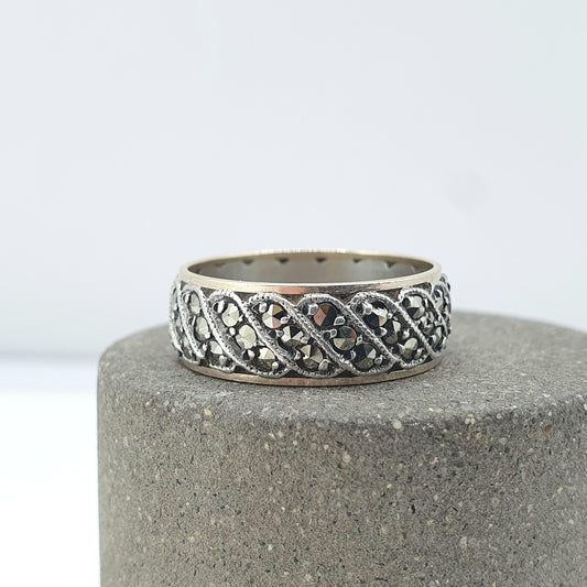 Antique 9ct Gold & Solid Silver Marcasite Eternity Ring Triple Wave Pattern Gift Love Womens Mens Jewellery Jewelry UK N  US 6.75