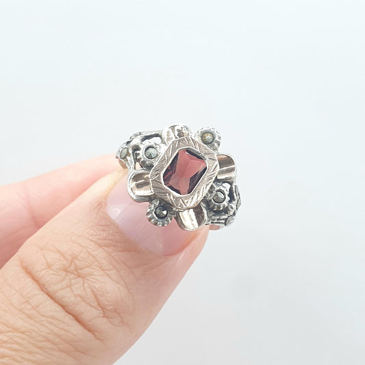 Vintage 9ct Gold & Solid Silver Garnet Ring Portuguese Hallmarks Marcasite Rose Gold Womens Retro Jewelry Jewellery UK N US 6.75