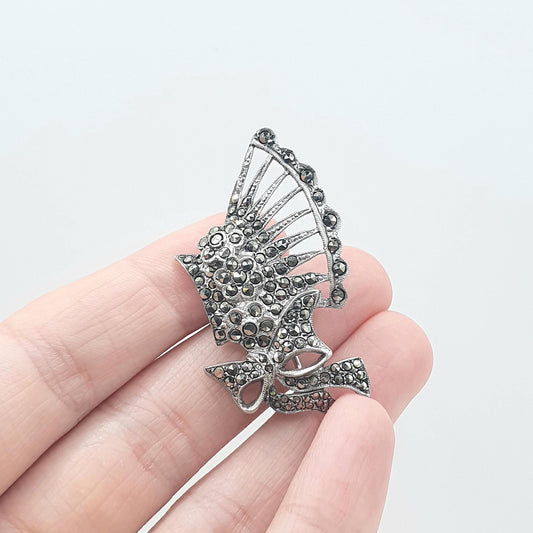 Antique Art Deco Solid Silver Marcasite Bow Flower Brooch Sparkly Floral 1920s Vintage Flapper Ladies Womens Jewelry Jewellery