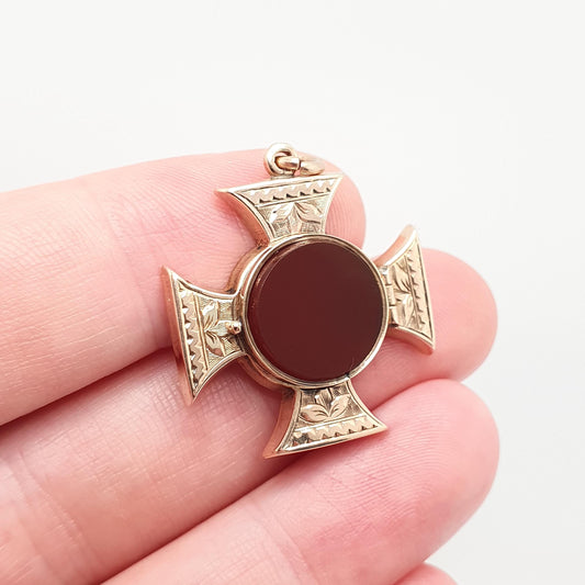 Antique 9ct Gold Maltese Cross Locket Carnelian Pendant Solid 375 9k Cruciform 1910 Hallmarked Necklace Engraved Vintage Jewellery Jewelry