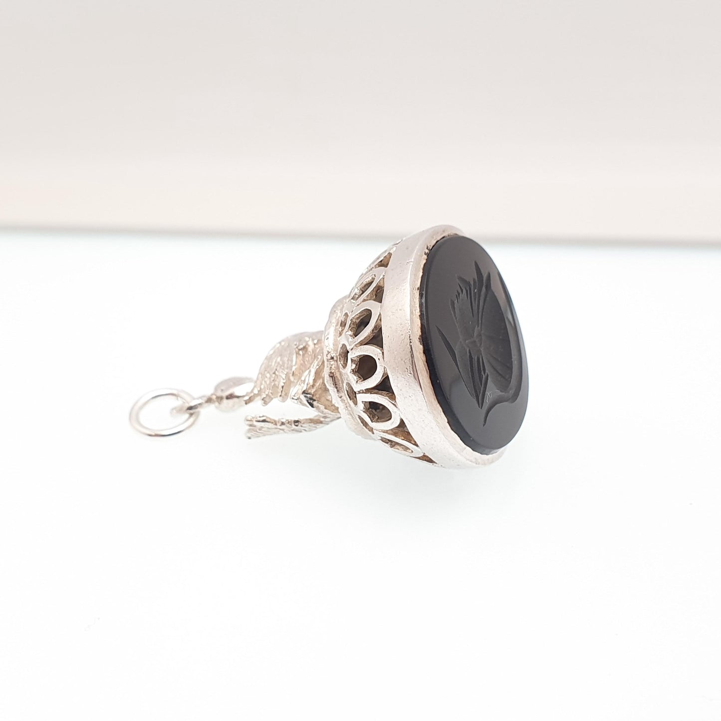 Vintage Sterling Silver Swan Centurion Intaglio Fob Pendant Hematite Necklace Victorian Style Gemstone Large Big Jewelry Jewellery