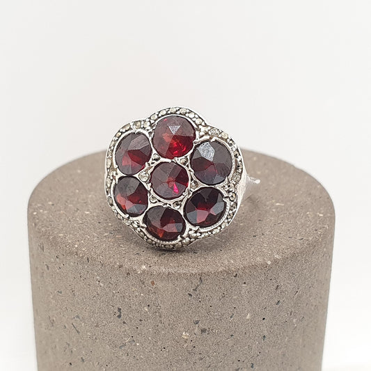 Antique Sterling Silver Garnet Cluster Ring Marcasite Border Rose Cut Gemstones Art Deco 1920s Cocktail Vintage Jewelry Jewellery
