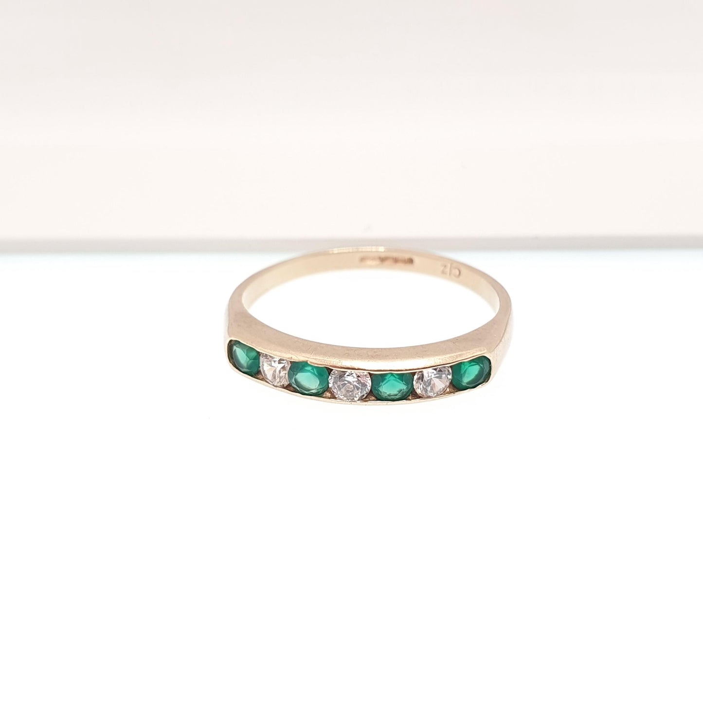 Vintage 9k Gold Emerald Ring Band Stacker Solid 9ct 9k CZ Alternating Brilliant Cut Half Eternity Hallmarked Stacking Sparkly