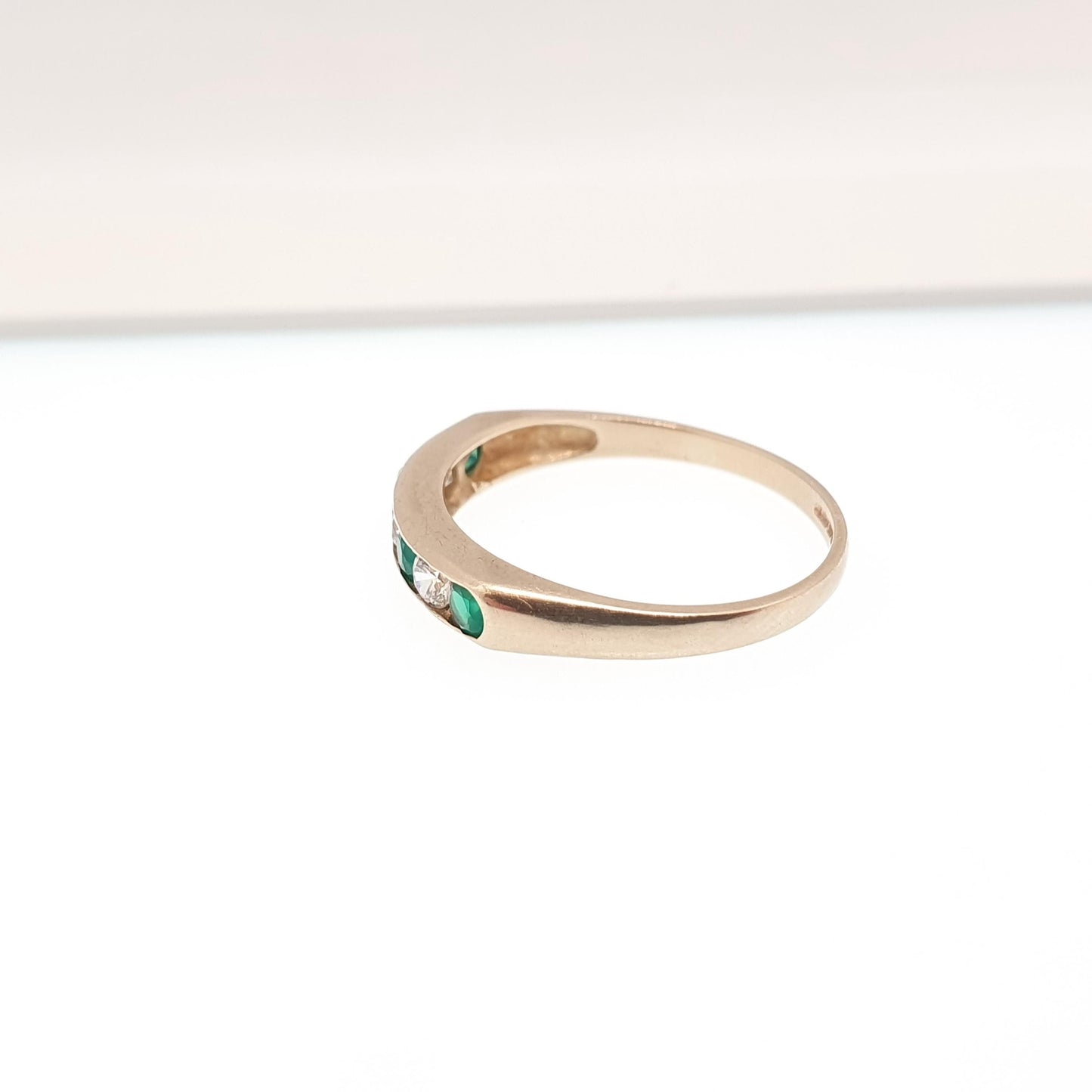 Vintage 9k Gold Emerald Ring Band Stacker Solid 9ct 9k CZ Alternating Brilliant Cut Half Eternity Hallmarked Stacking Sparkly