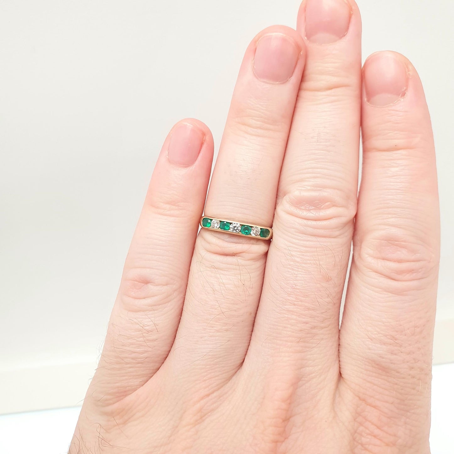 Vintage 9k Gold Emerald Ring Band Stacker Solid 9ct 9k CZ Alternating Brilliant Cut Half Eternity Hallmarked Stacking Sparkly