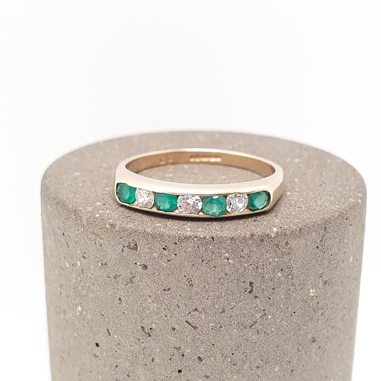 Vintage 9k Gold Emerald Ring Band Stacker Solid 9ct 9k CZ Alternating Brilliant Cut Half Eternity Hallmarked Stacking Sparkly