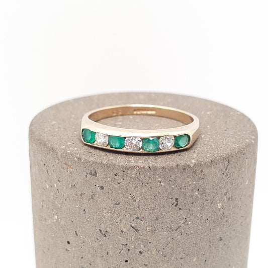 Vintage 9k Gold Emerald Ring Band Stacker Solid 9ct 9k CZ Alternating Brilliant Cut Half Eternity Hallmarked Stacking Sparkly