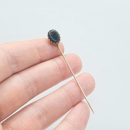Antique Victorian 9ct Gold Bloodstone Stick Pin Oval Cut Green Red Quartz Gemstone  Solid 9kt 9k Gents Mens Jewelry Vintage Jewellery